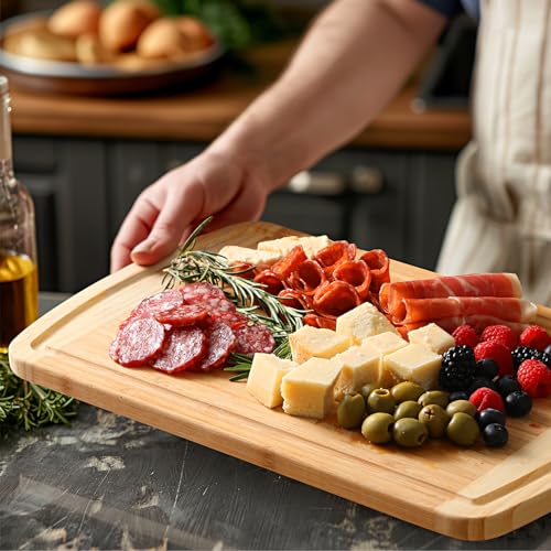 Large Wooden Cutting Board for Kitchen Meal Prep & Serving - Bamboo Cutting Boards with Juice Groove Side Handles, Charcuterie & Chopping Butcher Block - 100% Organic Bamboo, Pre Oiled, 16" x 10" - CookCave