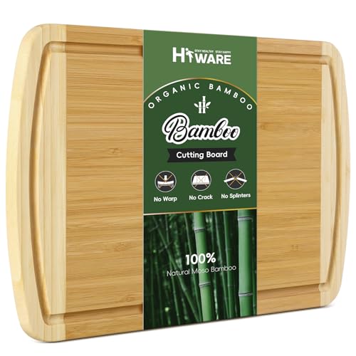 Large Wooden Cutting Board for Kitchen Meal Prep & Serving - Bamboo Cutting Boards with Juice Groove Side Handles, Charcuterie & Chopping Butcher Block - 100% Organic Bamboo, Pre Oiled, 16" x 10" - CookCave