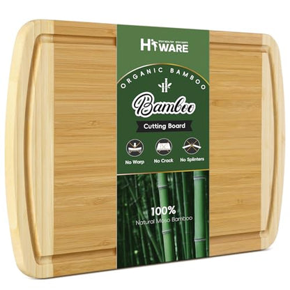 Large Wooden Cutting Board for Kitchen Meal Prep & Serving - Bamboo Cutting Boards with Juice Groove Side Handles, Charcuterie & Chopping Butcher Block - 100% Organic Bamboo, Pre Oiled, 16" x 10" - CookCave