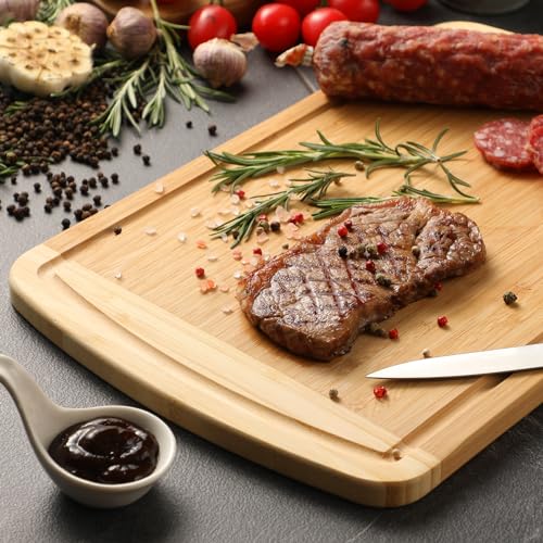 Large Wooden Cutting Board for Kitchen Meal Prep & Serving - Bamboo Cutting Boards with Juice Groove Side Handles, Charcuterie & Chopping Butcher Block - 100% Organic Bamboo, Pre Oiled, 16" x 10" - CookCave