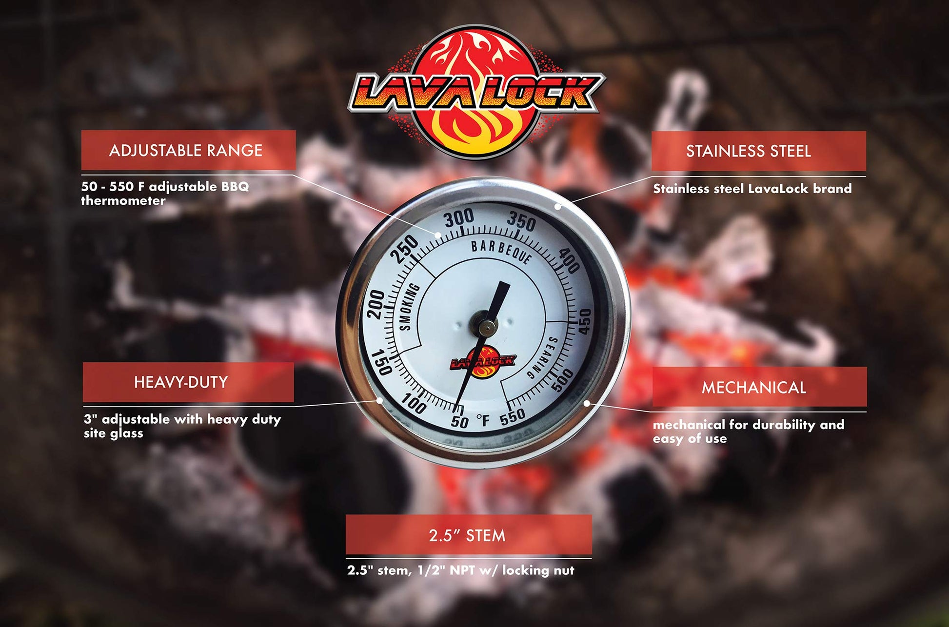 LavaLock® 3" Adjustable Gas Charcoal Smoker Pit Grill BBQ Thermometer Electric Heavy Duty Stainless 2.5" stem - CookCave