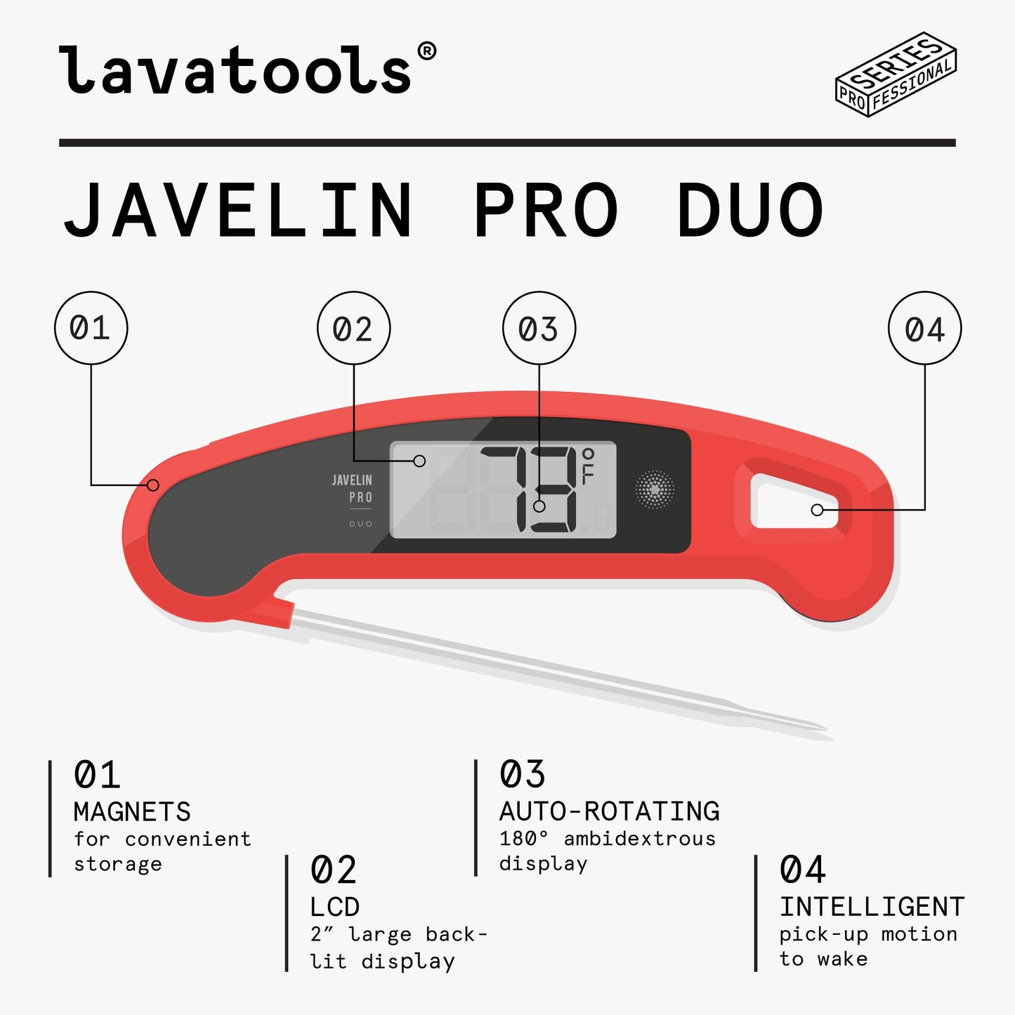 Lavatools Javelin® PRO Duo Ultra-Fast 1-Second Professional Digital Instant Read Meat Thermometer for Grill and Cooking, Auto-Rotating Backlit Display, IP65 Water Resistant, NSF Certified – Sambal - CookCave