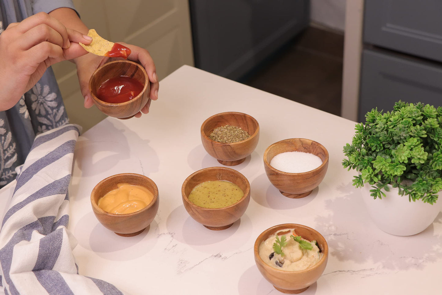 LAVAUX DESIGNS Set of 6 Acacia wood small bowls, 4 fl oz 3.25 * 2 inches | Hand carved wooden Kitchen Mini Cups for dipping sauce, salsa, Prep, salt & Condiments | Charcuterie board accessories - CookCave