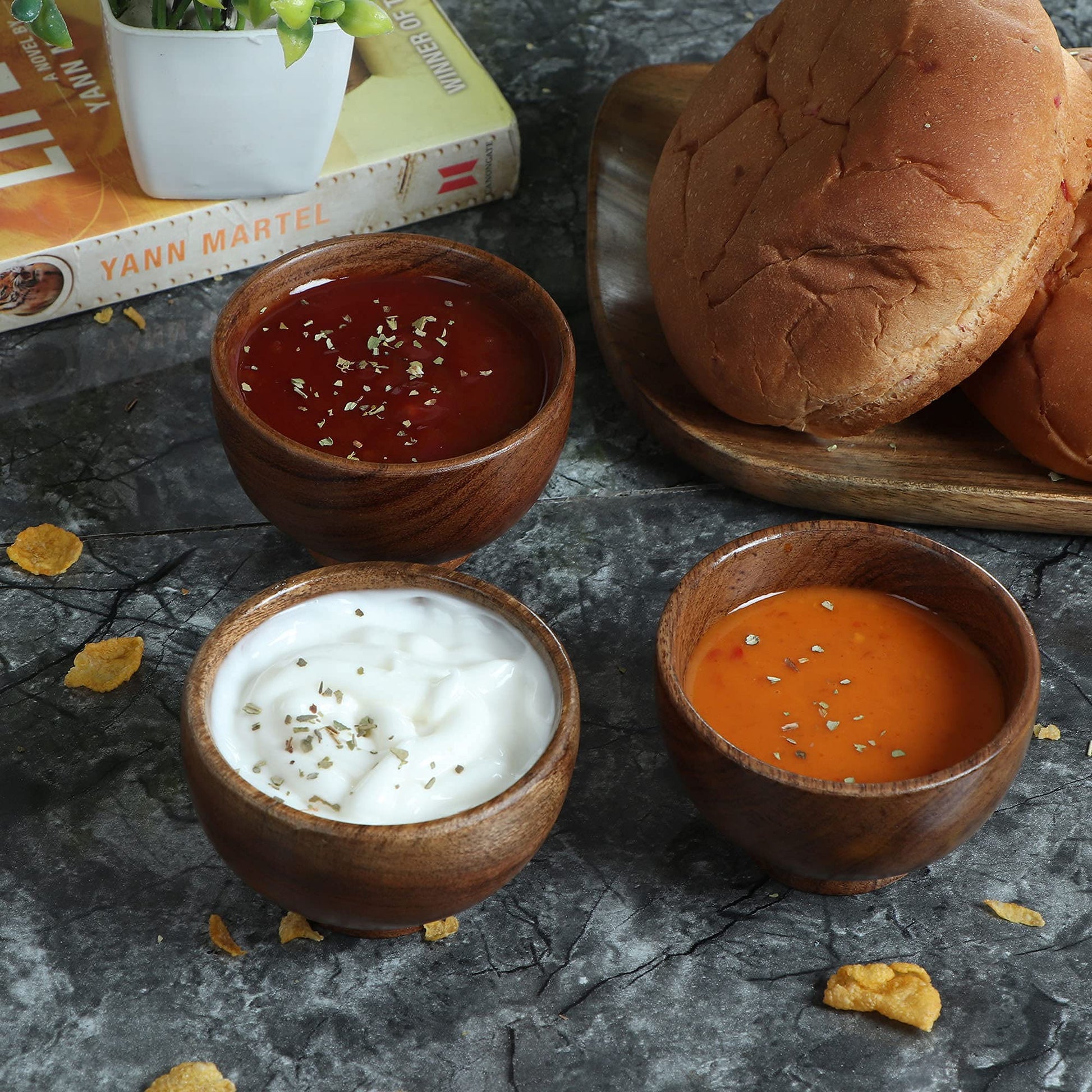 LAVAUX DESIGNS Set of 6 Acacia wood small bowls, 4 fl oz 3.25 * 2 inches | Hand carved wooden Kitchen Mini Cups for dipping sauce, salsa, Prep, salt & Condiments | Charcuterie board accessories - CookCave