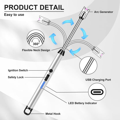 LcFun Electric Candle Lighter Windproof USB Rechargeable Plasma Lighter with LED Battery Display, 3 Pack Flameless Long Arc Lighters for Grill BBQ Camping Fireplace Stove(Black,Blue,Silver) - CookCave