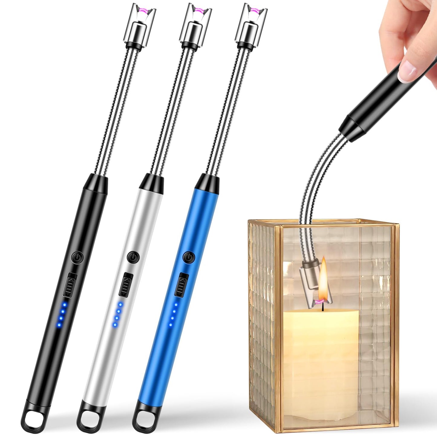 LcFun Electric Candle Lighter Windproof USB Rechargeable Plasma Lighter with LED Battery Display, 3 Pack Flameless Long Arc Lighters for Grill BBQ Camping Fireplace Stove(Black,Blue,Silver) - CookCave