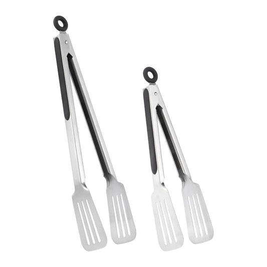 Lebabo Metal Tongs for Cooking, Set of 2 Stainless Steel Spatula Tongs for Grilling, Cooking and Flipping, Strong Grip for Ribs, Steak and Fish, Comfortable Grip, Easy Pull Lock, 9 inch & 12 inch - CookCave