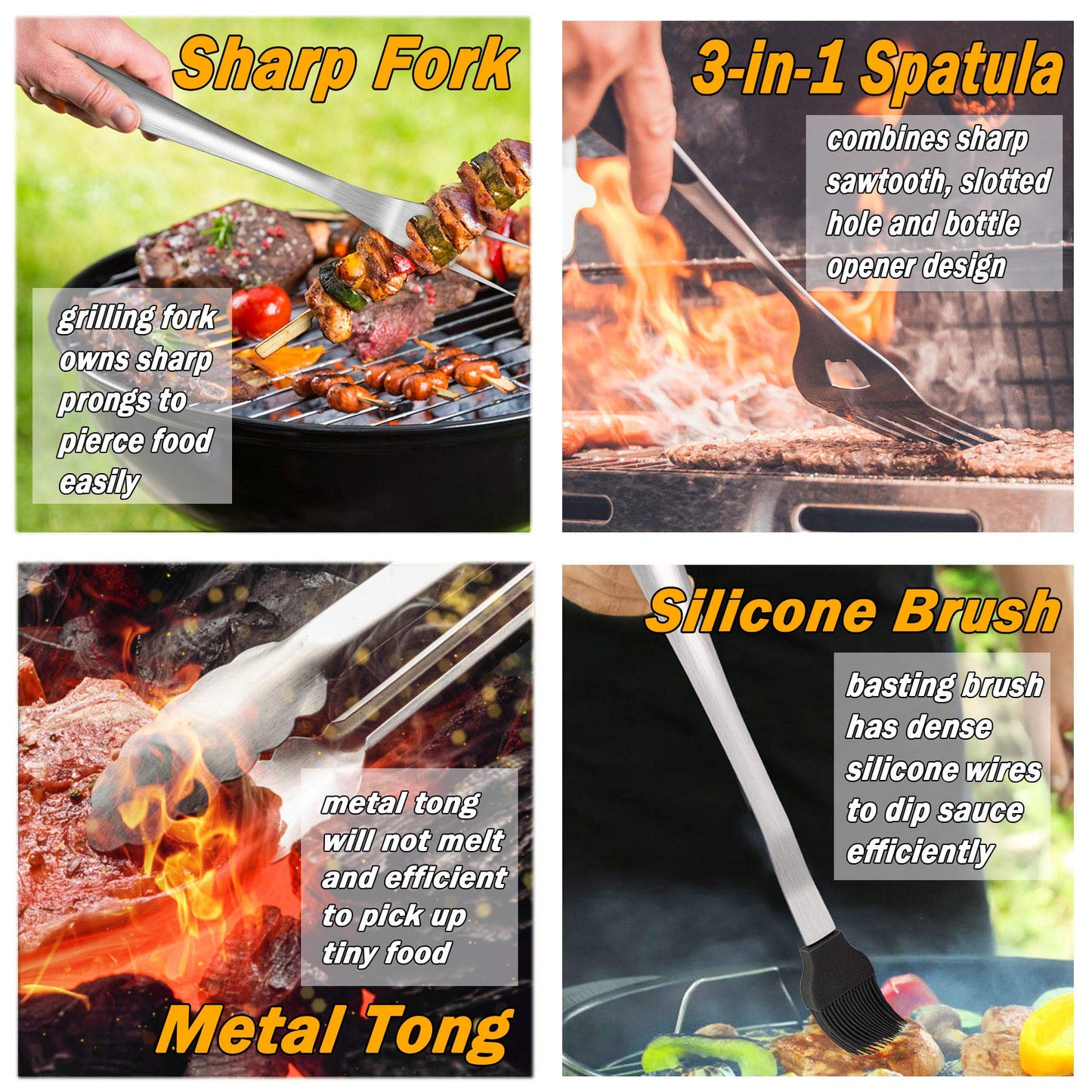 Leonyo Grill Tools Set of 6, 18Inch Extra-Long BBQ Tool Set, Heavy-Duty Barbecue Grilling Accessories, Stainless Steel Spatula, Fork, Tong, Basting Brush, Cleaning Brush, Carrying Bag - CookCave