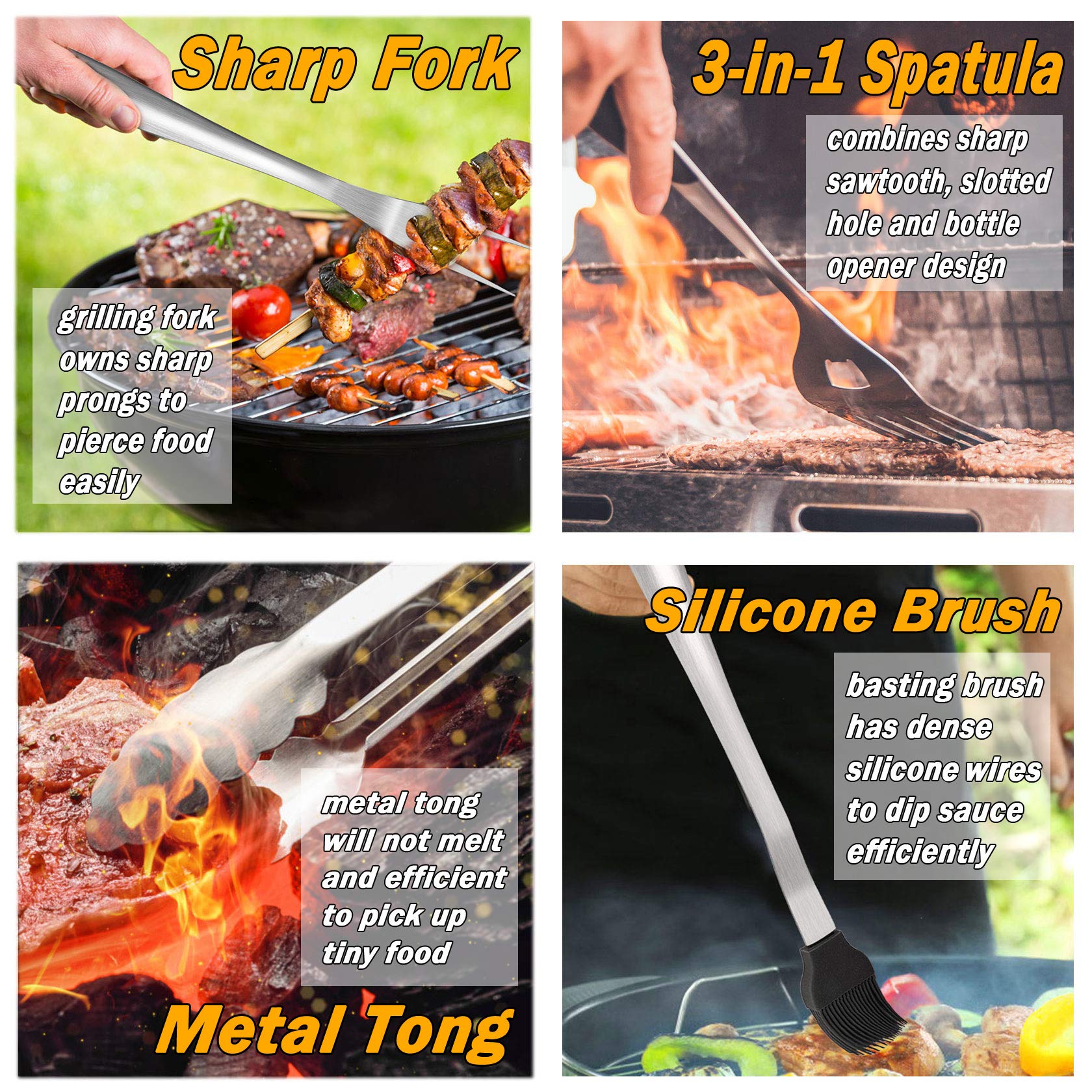Leonyo Grill Tools Set of 6, 18Inch Extra-Long BBQ Tool Set, Heavy-Duty Barbecue Grilling Accessories, Stainless Steel Spatula, Fork, Tong, Basting Brush, Cleaning Brush, Carrying Bag - CookCave