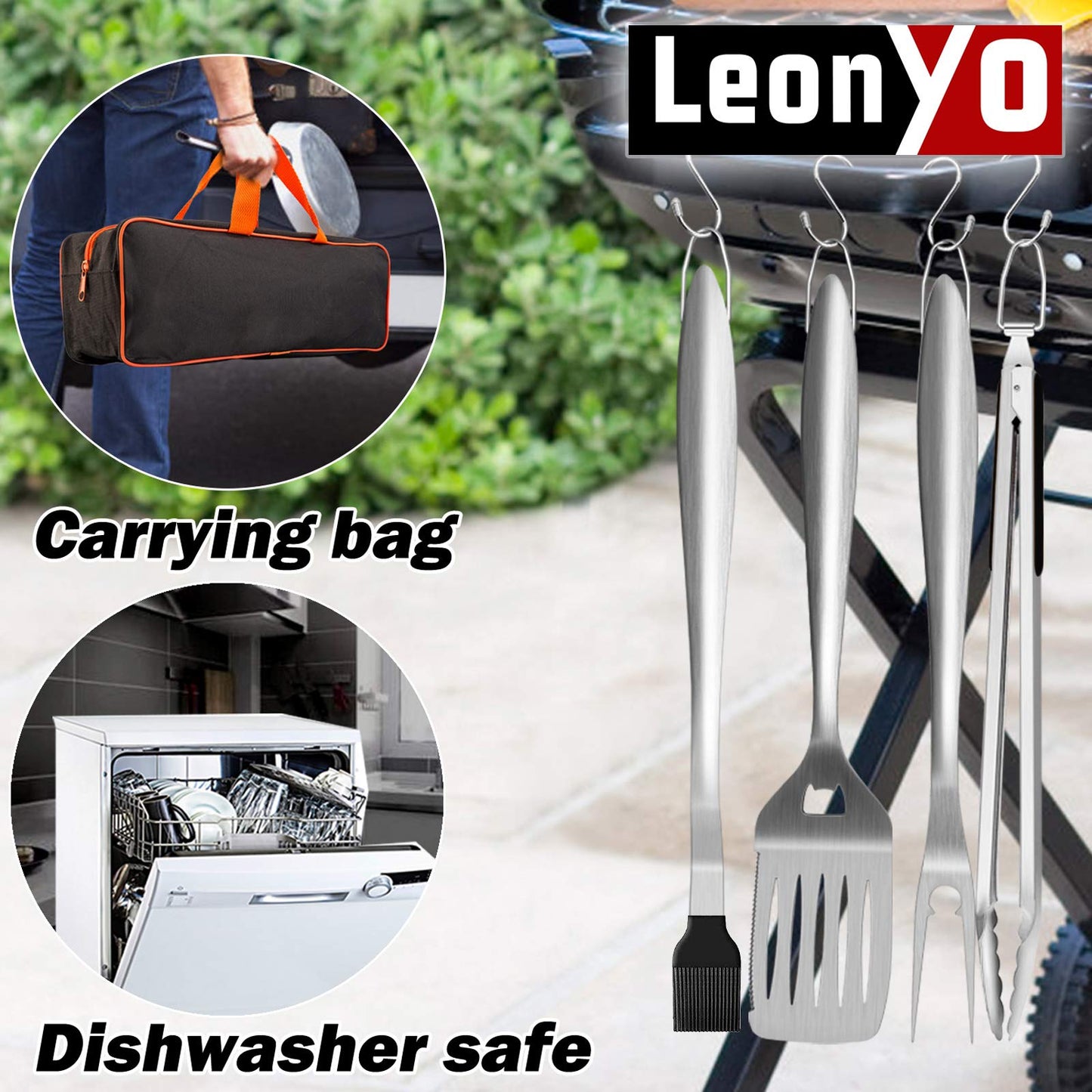 Leonyo Grill Tools Set of 6, 18Inch Extra-Long BBQ Tool Set, Heavy-Duty Barbecue Grilling Accessories, Stainless Steel Spatula, Fork, Tong, Basting Brush, Cleaning Brush, Carrying Bag - CookCave