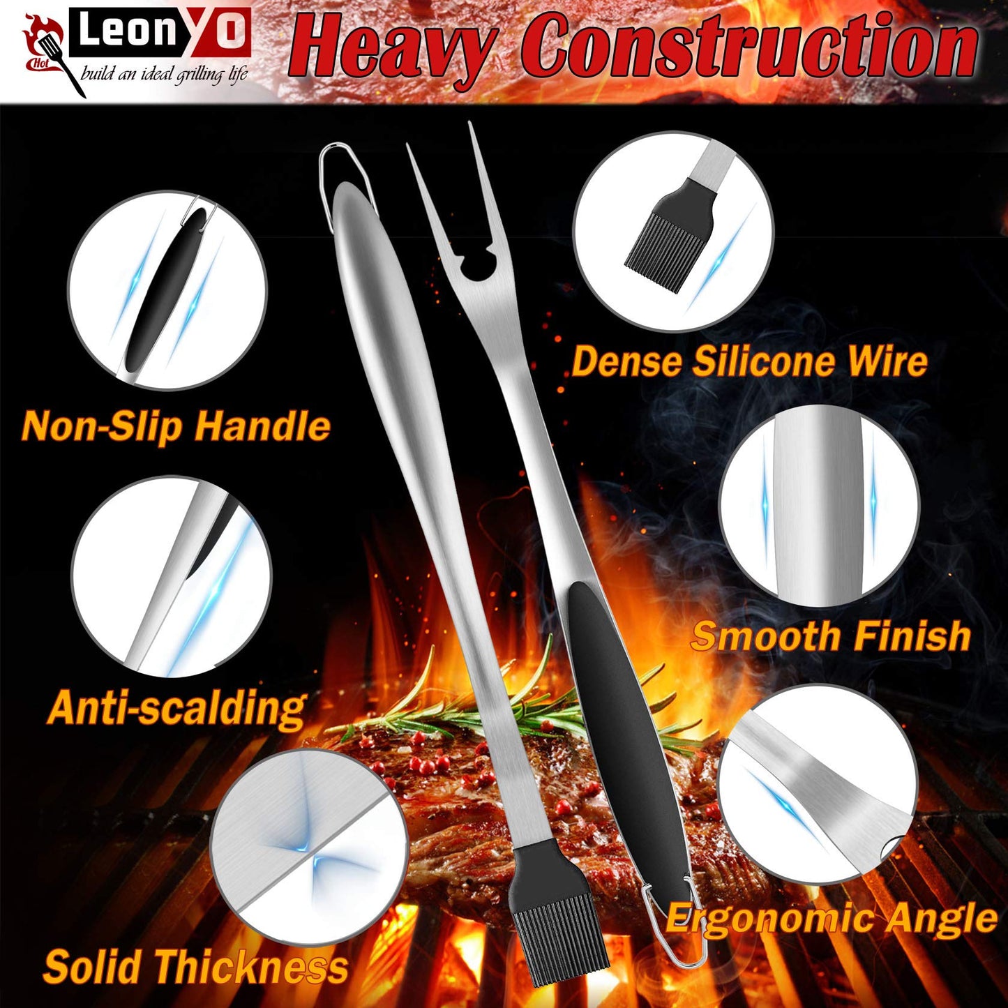 Leonyo Grill Tools Set of 6, 18Inch Extra-Long BBQ Tool Set, Heavy-Duty Barbecue Grilling Accessories, Stainless Steel Spatula, Fork, Tong, Basting Brush, Cleaning Brush, Carrying Bag - CookCave