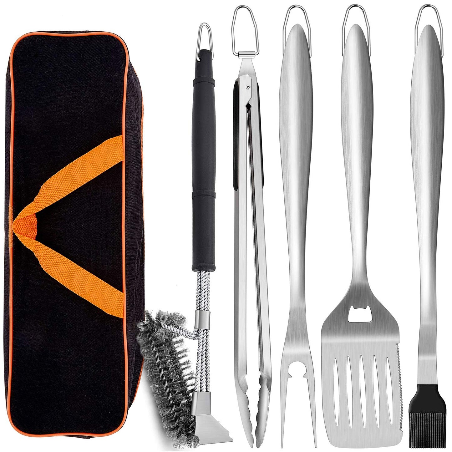 Leonyo Grill Tools Set of 6, 18Inch Extra-Long BBQ Tool Set, Heavy-Duty Barbecue Grilling Accessories, Stainless Steel Spatula, Fork, Tong, Basting Brush, Cleaning Brush, Carrying Bag - CookCave