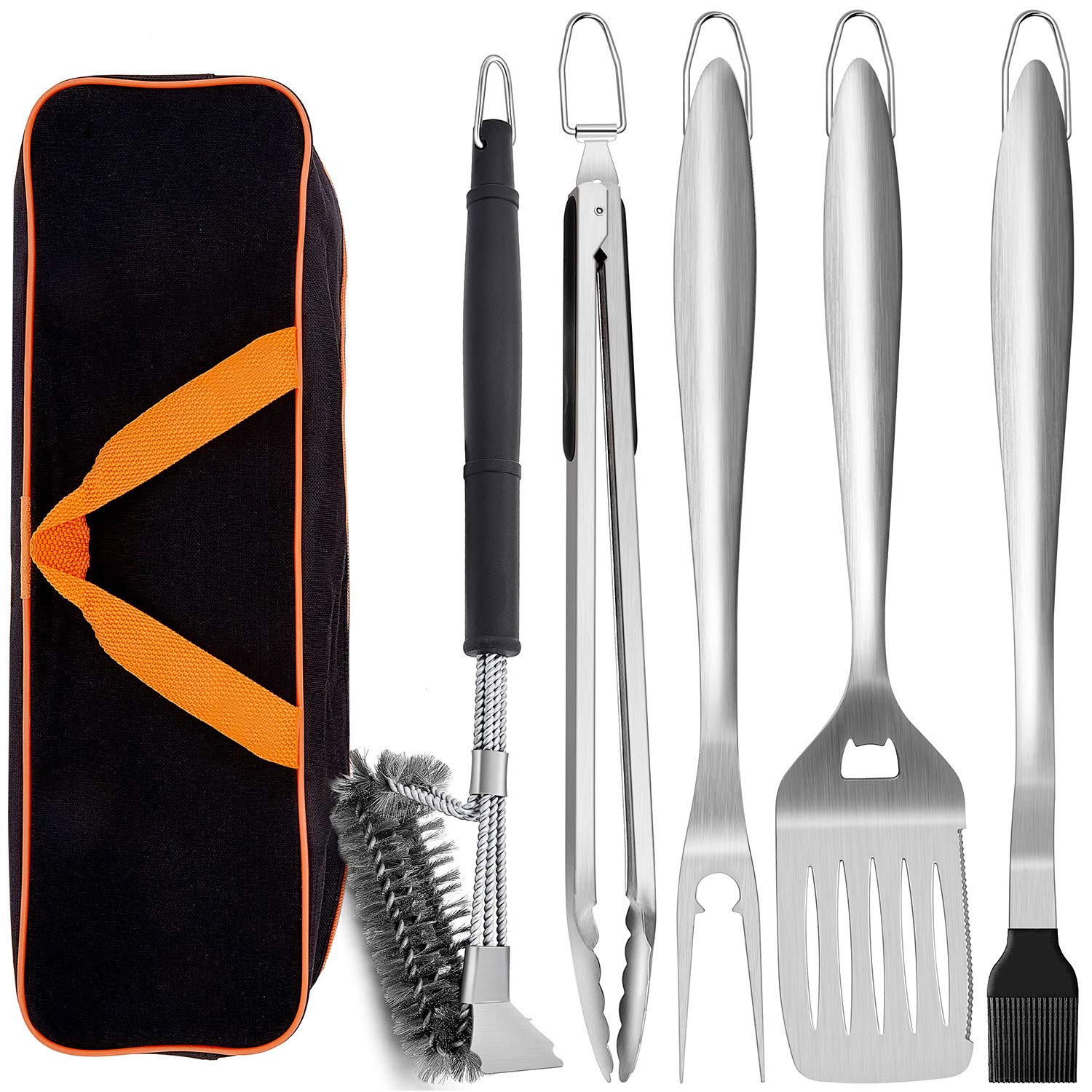 Leonyo Grill Tools Set of 6, 18Inch Extra-Long BBQ Tool Set, Heavy-Duty Barbecue Grilling Accessories, Stainless Steel Spatula, Fork, Tong, Basting Brush, Cleaning Brush, Carrying Bag - CookCave