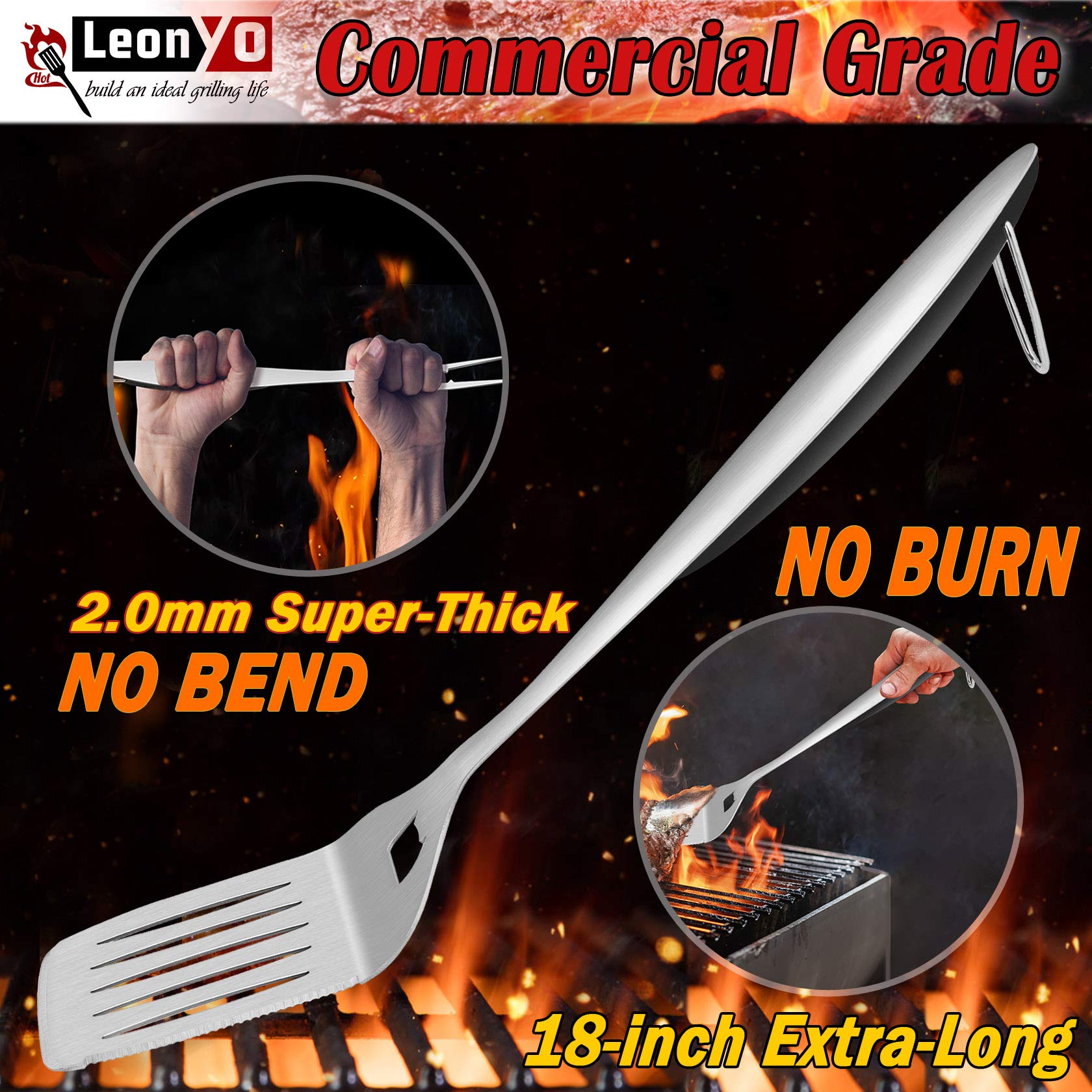 Leonyo Grill Tools Set of 6, 18Inch Extra-Long BBQ Tool Set, Heavy-Duty Barbecue Grilling Accessories, Stainless Steel Spatula, Fork, Tong, Basting Brush, Cleaning Brush, Carrying Bag - CookCave