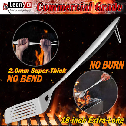 Leonyo Grill Tools Set of 6, 18Inch Extra-Long BBQ Tool Set, Heavy-Duty Barbecue Grilling Accessories, Stainless Steel Spatula, Fork, Tong, Basting Brush, Cleaning Brush, Carrying Bag - CookCave