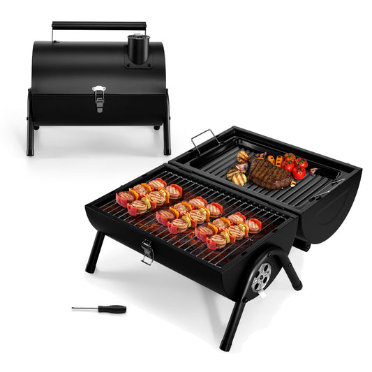 Leonyo Portable Charcoal Grill, Small BBQ Grill with Food Tray & Rack, Metal Small Tabletop Barbecue Smoker Ideal for Outdoor Camping Grilling Party Picnic, Two Side Carbon Griller(235Sq.in) - CookCave