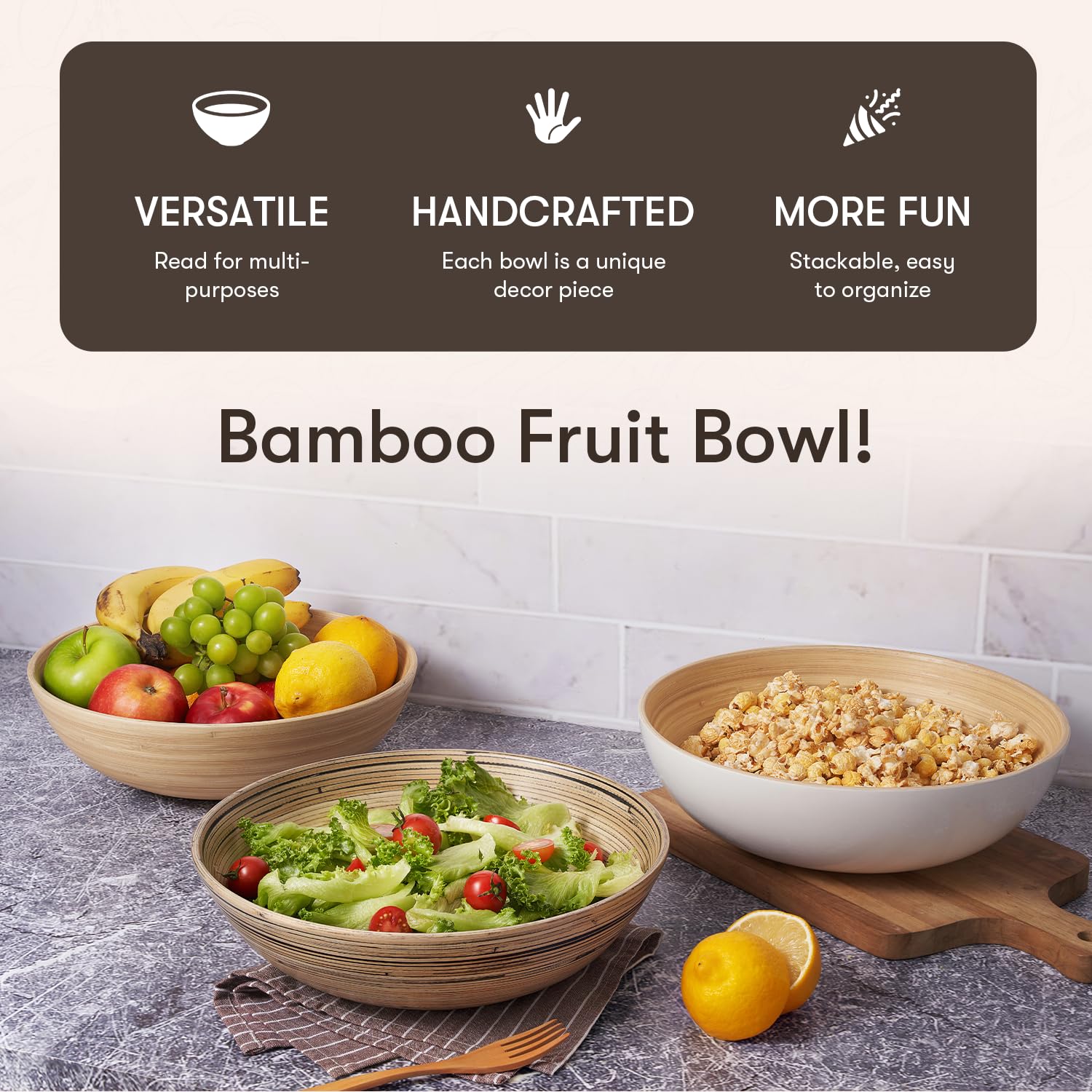 LEXA 12" Handmade Natural Bamboo Wooden Salad Bowl - 130Oz Lightweight Large Wooden Bowls for Food - Bamboo Wooden Fruit Bowl for Kitchen Counter, Wood Bowls for food - Wooden Serving Bowl for Snacks - CookCave