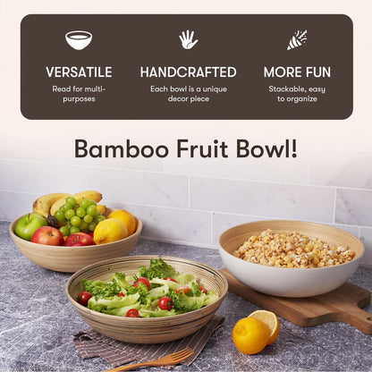 LEXA 12" Handmade Natural Bamboo Wooden Salad Bowl - 130Oz Lightweight Large Wooden Bowls for Food - Bamboo Wooden Fruit Bowl for Kitchen Counter, Wood Bowls for food - Wooden Serving Bowl for Snacks - CookCave