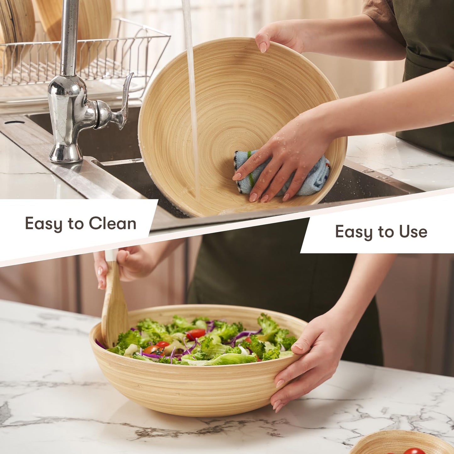 LEXA 12" Handmade Natural Bamboo Wooden Salad Bowl - 130Oz Lightweight Large Wooden Bowls for Food - Bamboo Wooden Fruit Bowl for Kitchen Counter, Wood Bowls for food - Wooden Serving Bowl for Snacks - CookCave