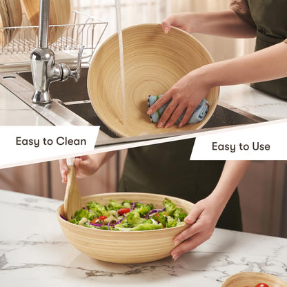 LEXA 12" Handmade Natural Bamboo Wooden Salad Bowl - 130Oz Lightweight Large Wooden Bowls for Food - Bamboo Wooden Fruit Bowl for Kitchen Counter, Wood Bowls for food - Wooden Serving Bowl for Snacks - CookCave