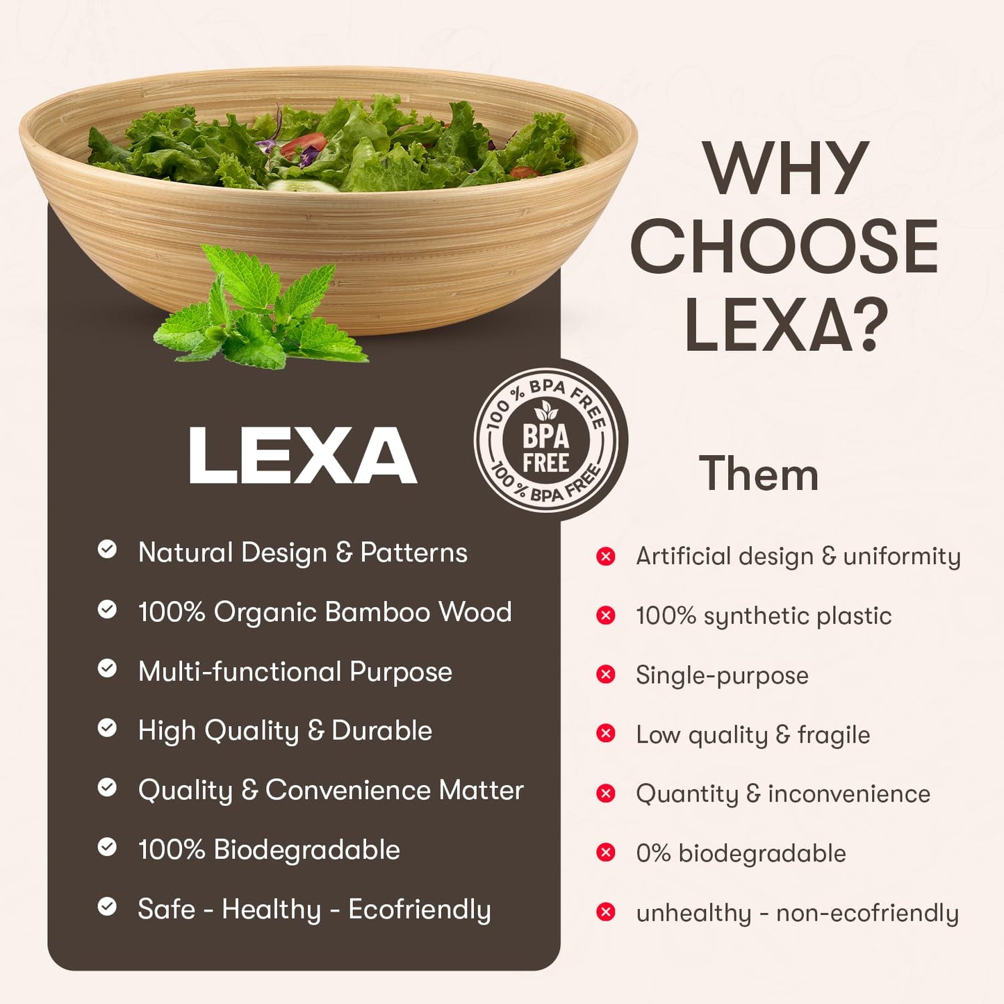 LEXA 12" Handmade Natural Bamboo Wooden Salad Bowl - 130Oz Lightweight Large Wooden Bowls for Food - Bamboo Wooden Fruit Bowl for Kitchen Counter, Wood Bowls for food - Wooden Serving Bowl for Snacks - CookCave
