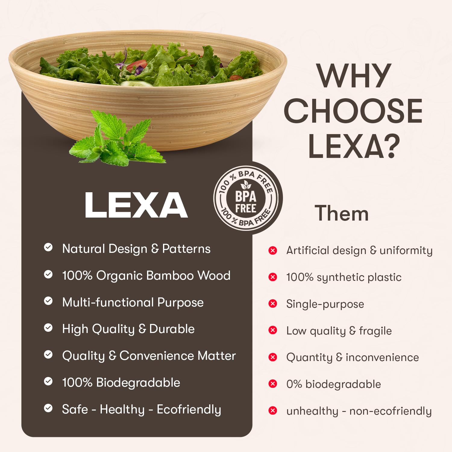 LEXA 12" Handmade Natural Bamboo Wooden Salad Bowl - 130Oz Lightweight Large Wooden Bowls for Food - Bamboo Wooden Fruit Bowl for Kitchen Counter, Wood Bowls for food - Wooden Serving Bowl for Snacks - CookCave