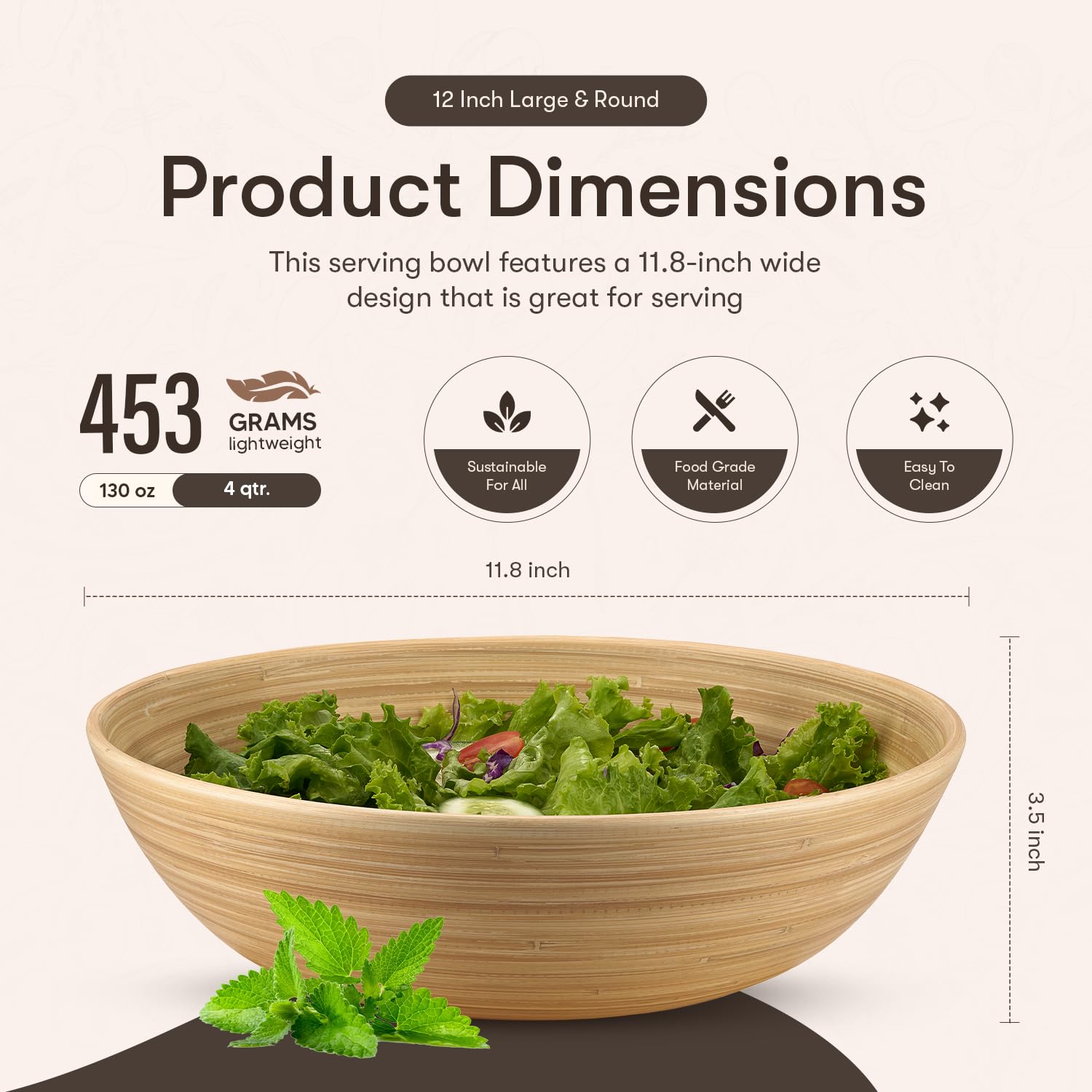 LEXA 12" Handmade Natural Bamboo Wooden Salad Bowl - 130Oz Lightweight Large Wooden Bowls for Food - Bamboo Wooden Fruit Bowl for Kitchen Counter, Wood Bowls for food - Wooden Serving Bowl for Snacks - CookCave