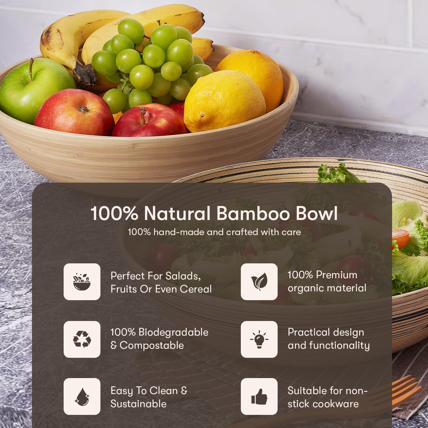 LEXA 12" Handmade Natural Bamboo Wooden Salad Bowl - 130Oz Lightweight Large Wooden Bowls for Food - Bamboo Wooden Fruit Bowl for Kitchen Counter, Wood Bowls for food - Wooden Serving Bowl for Snacks - CookCave