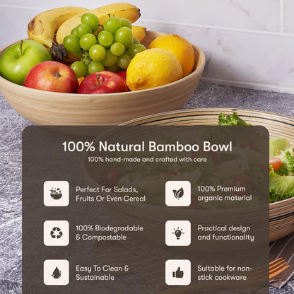 LEXA 12" Handmade Natural Bamboo Wooden Salad Bowl - 130Oz Lightweight Large Wooden Bowls for Food - Bamboo Wooden Fruit Bowl for Kitchen Counter, Wood Bowls for food - Wooden Serving Bowl for Snacks - CookCave