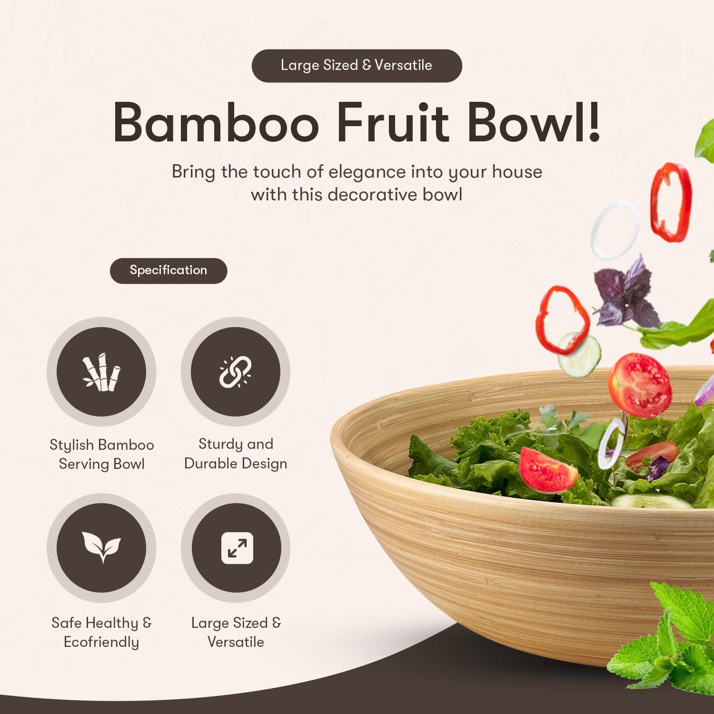 LEXA 12" Handmade Natural Bamboo Wooden Salad Bowl - 130Oz Lightweight Large Wooden Bowls for Food - Bamboo Wooden Fruit Bowl for Kitchen Counter, Wood Bowls for food - Wooden Serving Bowl for Snacks - CookCave