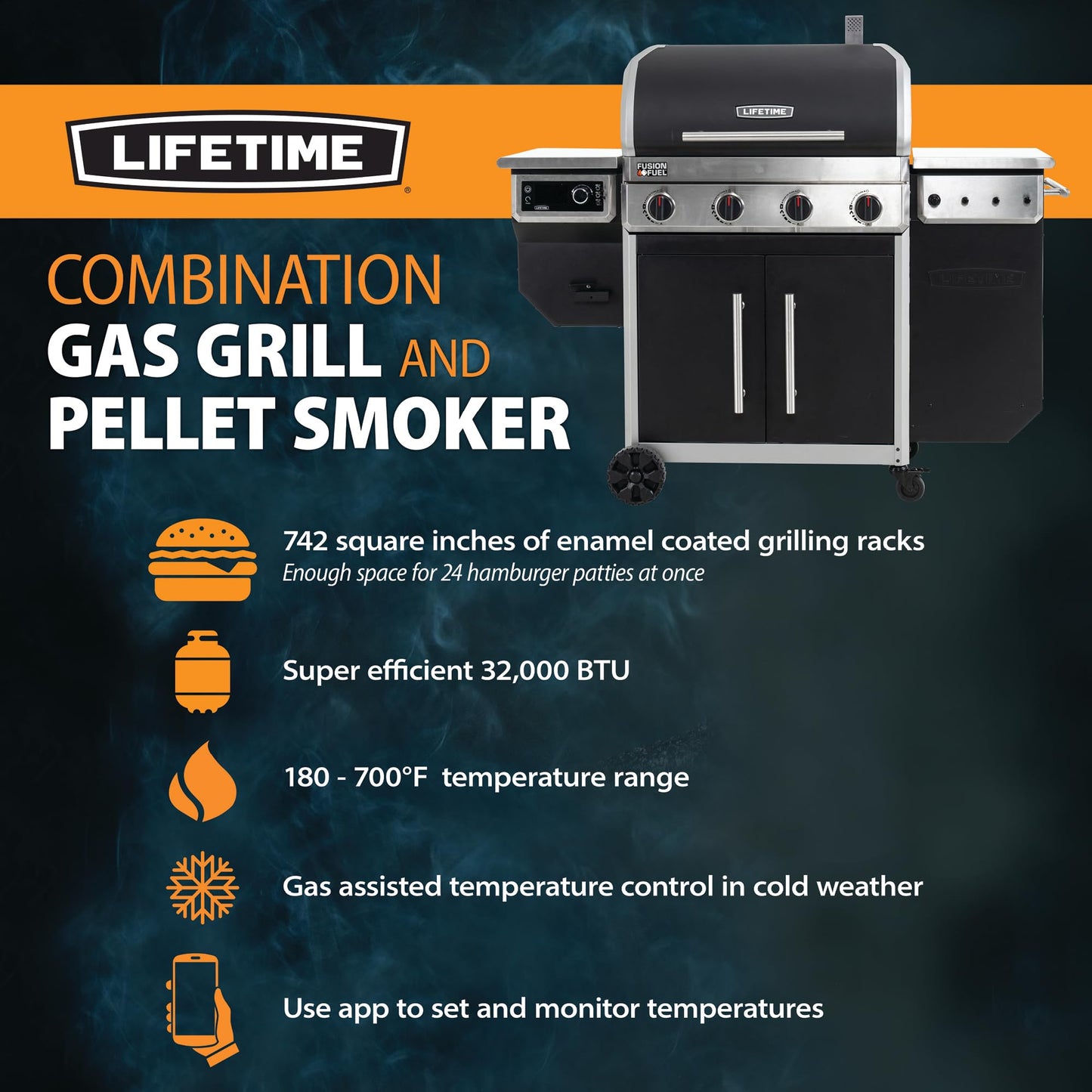 Lifetime Gas Grill and Wood Pellet Smoker Combo, WiFi and Bluetooth Control Technology - CookCave