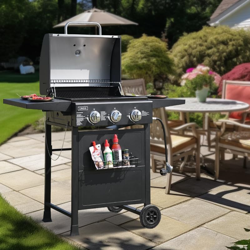 LINGXI grill gas 3-Burner Propane Grill, Gas Grill with front hanging basket, 30000 BTU barbecue grill, Grills outdoor cooking. Suitable for Backyard, Outdoor, Patio, Garden.Outside grill. - CookCave