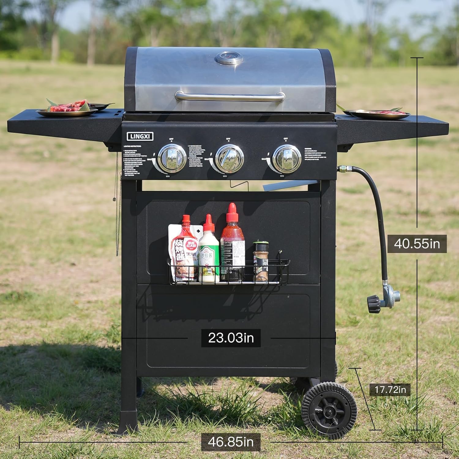 LINGXI grill gas 3-Burner Propane Grill, Gas Grill with front hanging basket, 30000 BTU barbecue grill, Grills outdoor cooking. Suitable for Backyard, Outdoor, Patio, Garden.Outside grill. - CookCave