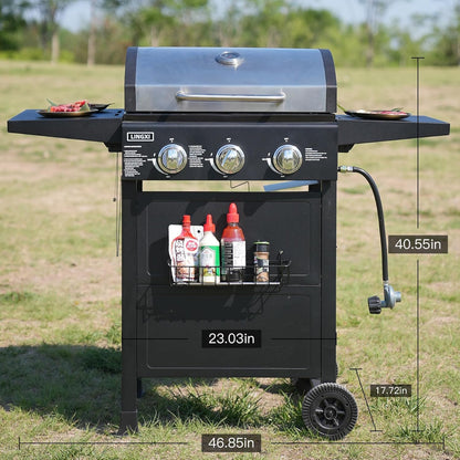 LINGXI grill gas 3-Burner Propane Grill, Gas Grill with front hanging basket, 30000 BTU barbecue grill, Grills outdoor cooking. Suitable for Backyard, Outdoor, Patio, Garden.Outside grill. - CookCave