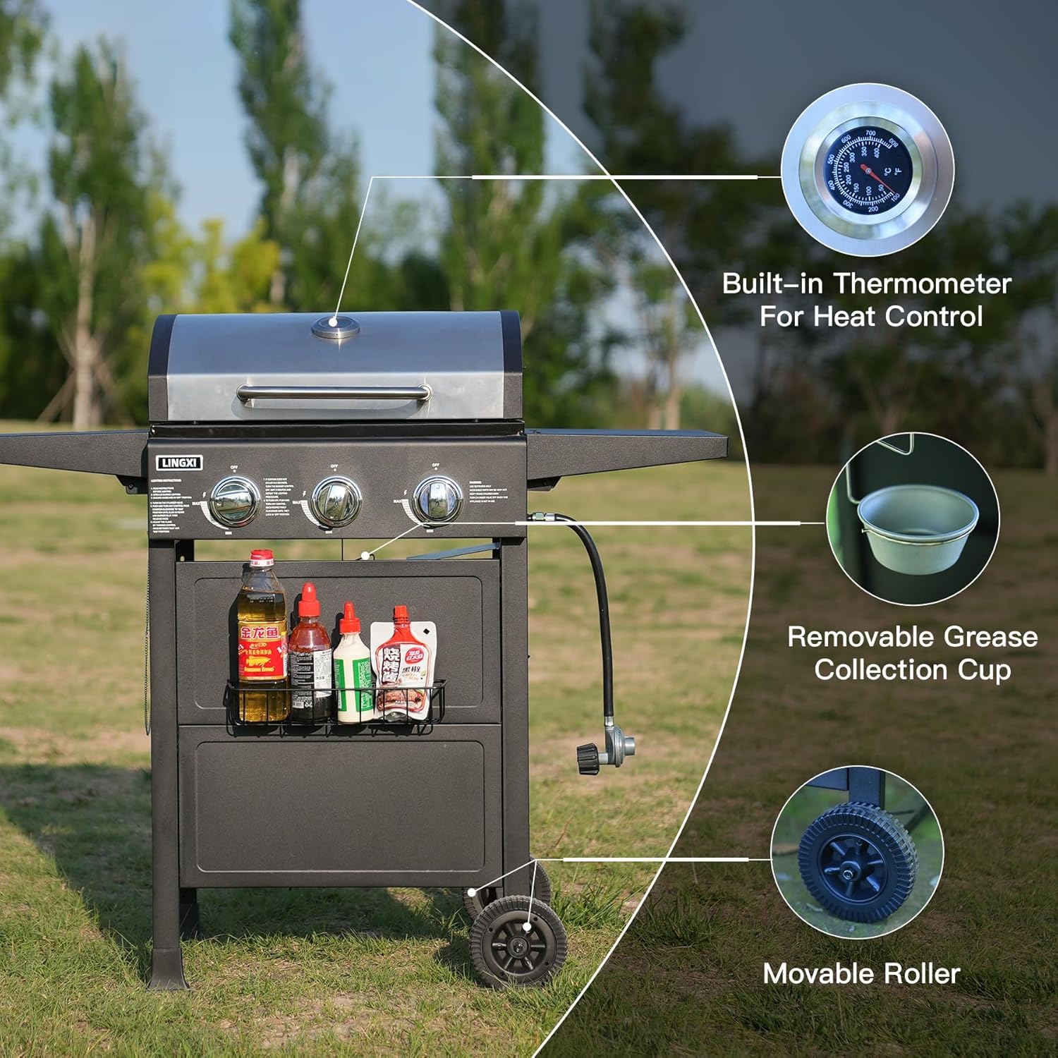 LINGXI grill gas 3-Burner Propane Grill, Gas Grill with front hanging basket, 30000 BTU barbecue grill, Grills outdoor cooking. Suitable for Backyard, Outdoor, Patio, Garden.Outside grill. - CookCave