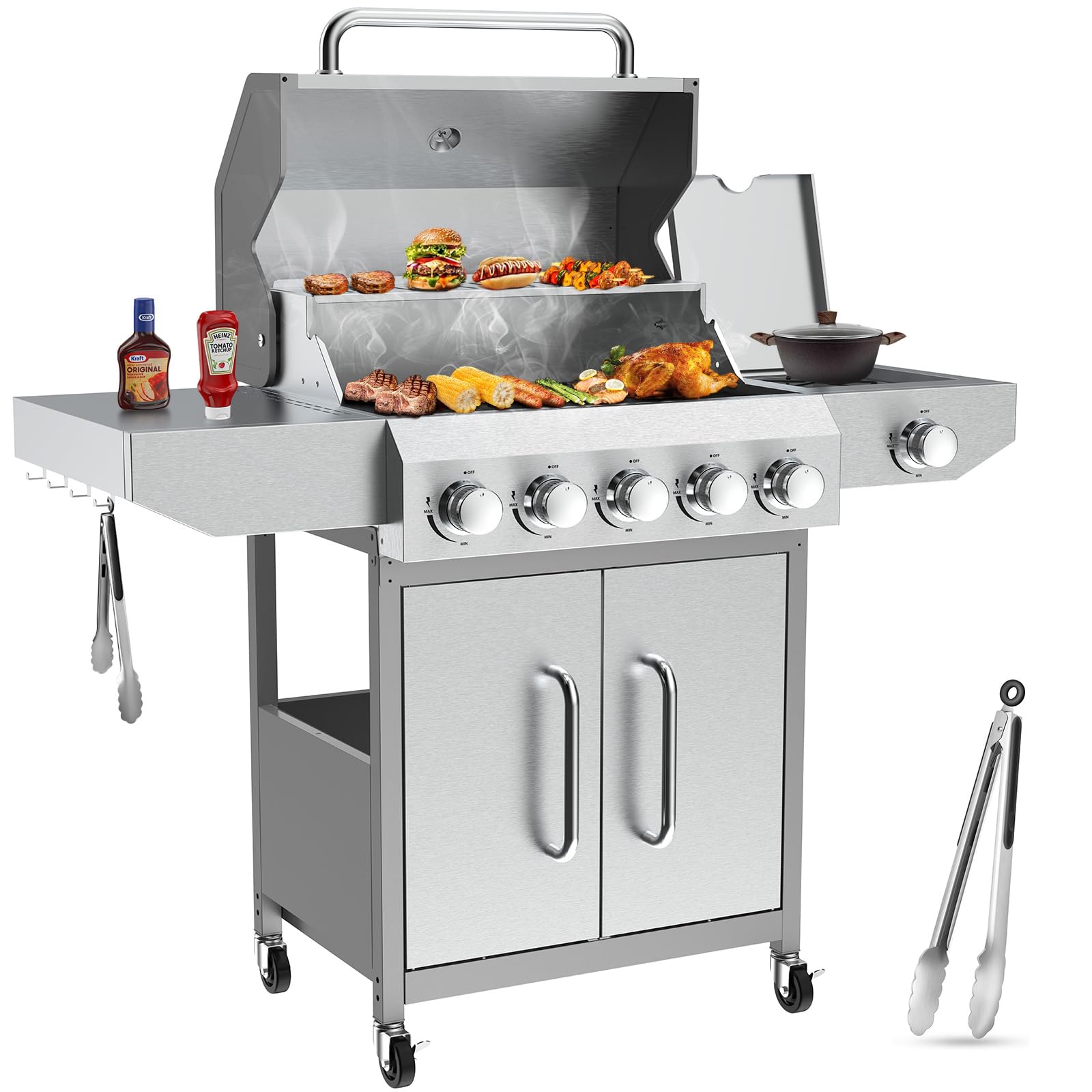 Llamaviva 5 Burner Propane Gas Grill with Side Burner,Stainless Steel BBQ Grill with Porcelain-Enameled Cast Iron Grates, 68000 BTU Cabinet-Style Cart Design for Outdoor Patio Barbecue- food clip - CookCave
