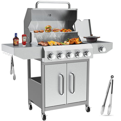 Llamaviva 5 Burner Propane Gas Grill with Side Burner,Stainless Steel BBQ Grill with Porcelain-Enameled Cast Iron Grates, 68000 BTU Cabinet-Style Cart Design for Outdoor Patio Barbecue- food clip - CookCave