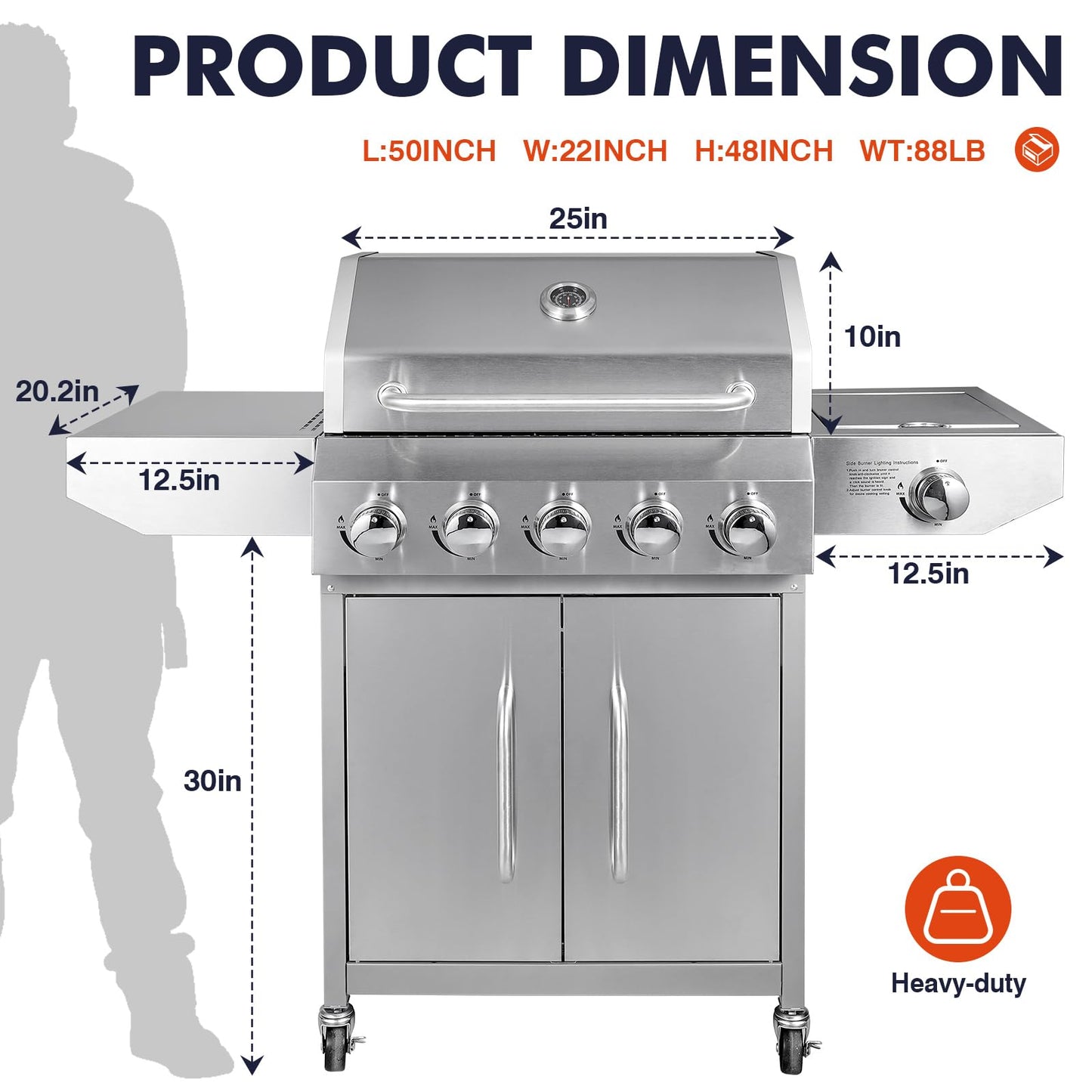 Llamaviva 5 Burner Propane Gas Grill with Side Burner,Stainless Steel BBQ Grill with Porcelain-Enameled Cast Iron Grates, 68000 BTU Cabinet-Style Cart Design for Outdoor Patio Barbecue- food clip - CookCave