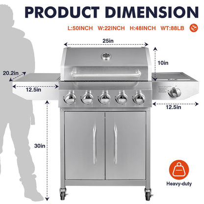 Llamaviva 5 Burner Propane Gas Grill with Side Burner,Stainless Steel BBQ Grill with Porcelain-Enameled Cast Iron Grates, 68000 BTU Cabinet-Style Cart Design for Outdoor Patio Barbecue- food clip - CookCave