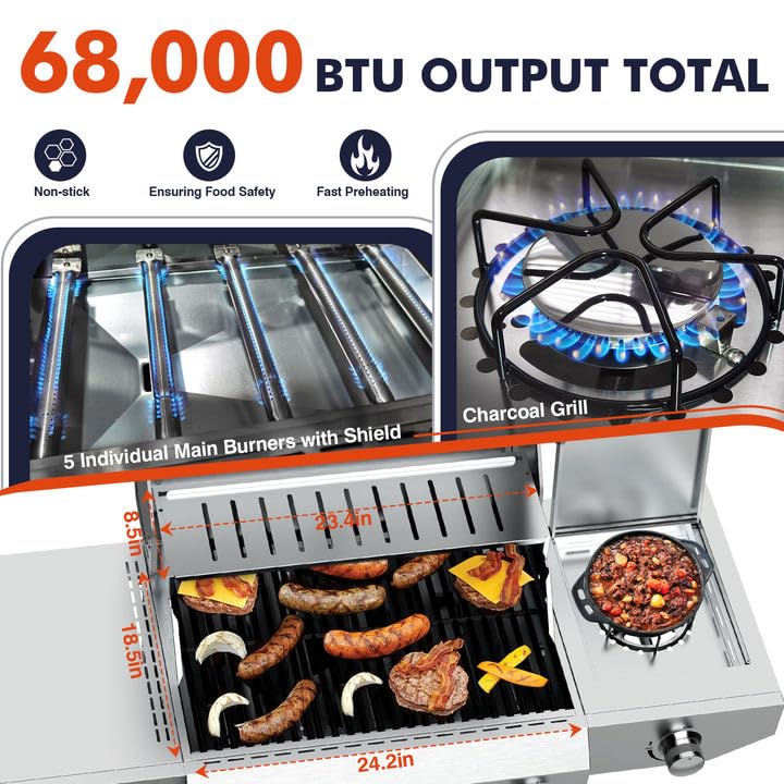 Llamaviva 5 Burner Propane Gas Grill with Side Burner,Stainless Steel BBQ Grill with Porcelain-Enameled Cast Iron Grates, 68000 BTU Cabinet-Style Cart Design for Outdoor Patio Barbecue- food clip - CookCave