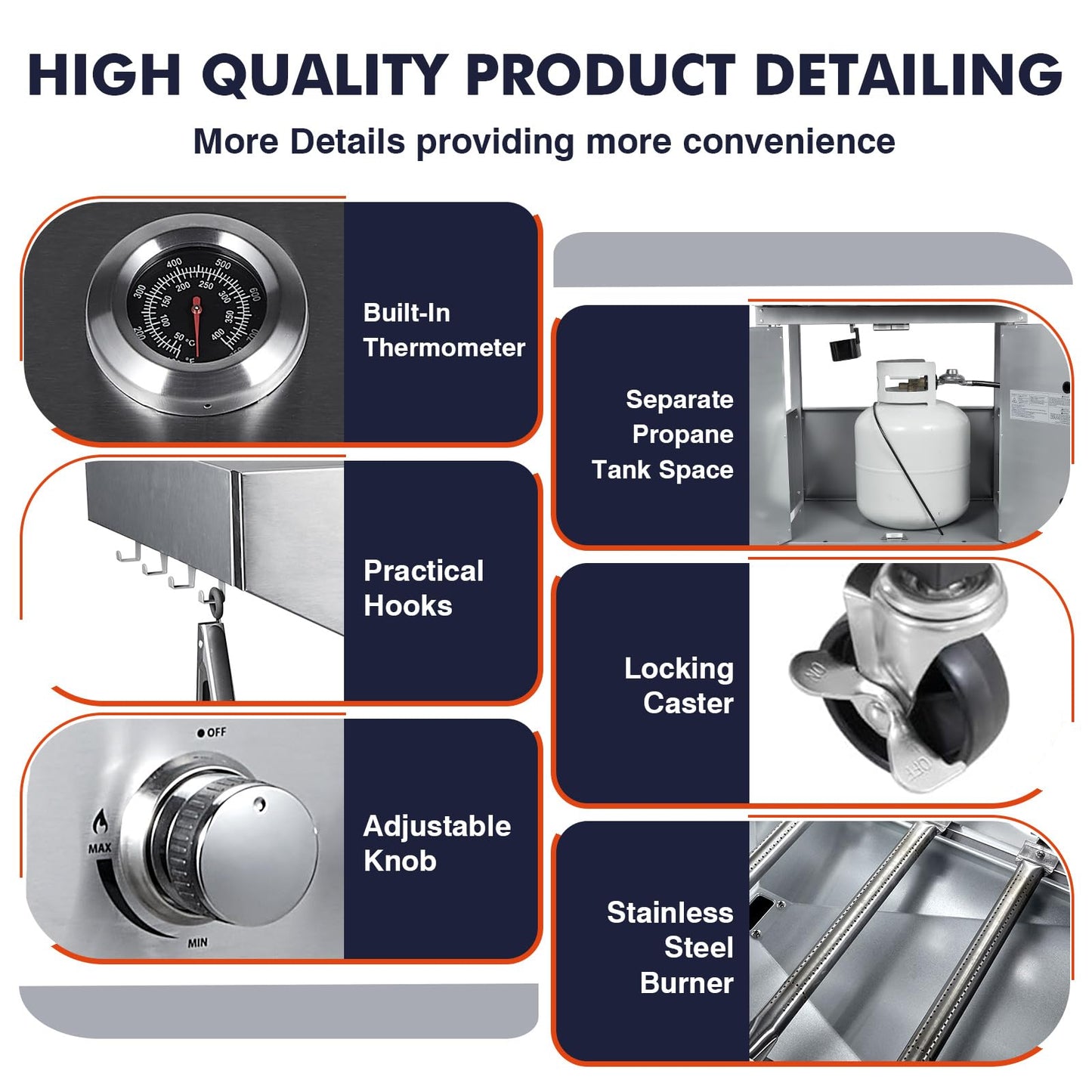 Llamaviva 5 Burner Propane Gas Grill with Side Burner,Stainless Steel BBQ Grill with Porcelain-Enameled Cast Iron Grates, 68000 BTU Cabinet-Style Cart Design for Outdoor Patio Barbecue- food clip - CookCave