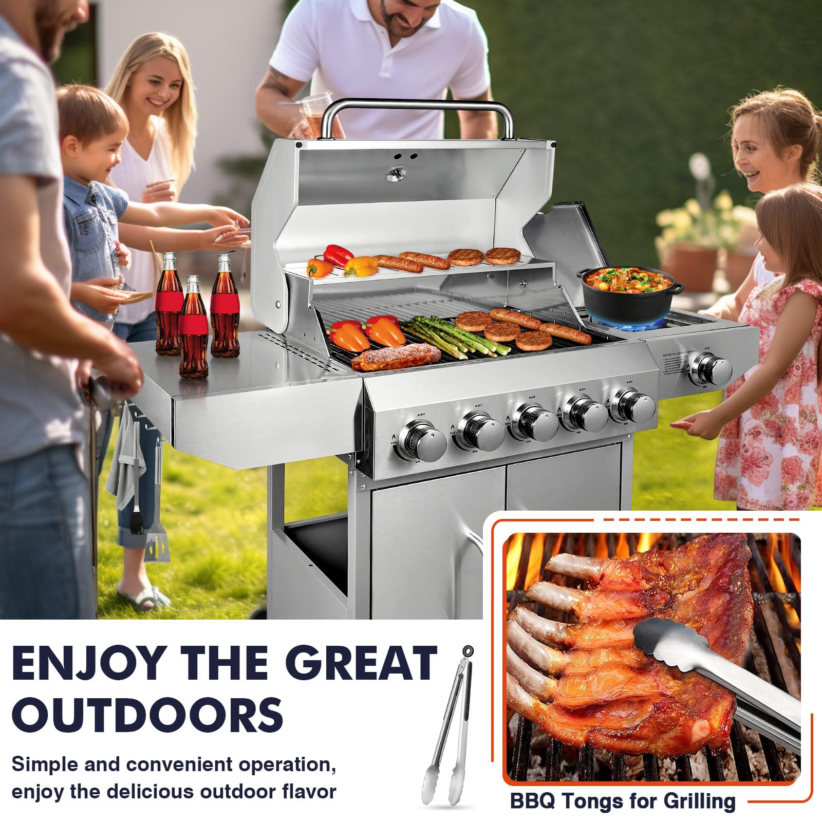 Llamaviva 5 Burner Propane Gas Grill with Side Burner,Stainless Steel BBQ Grill with Porcelain-Enameled Cast Iron Grates, 68000 BTU Cabinet-Style Cart Design for Outdoor Patio Barbecue- food clip - CookCave