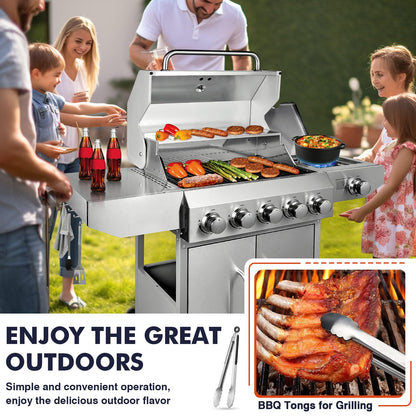 Llamaviva 5 Burner Propane Gas Grill with Side Burner,Stainless Steel BBQ Grill with Porcelain-Enameled Cast Iron Grates, 68000 BTU Cabinet-Style Cart Design for Outdoor Patio Barbecue- food clip - CookCave