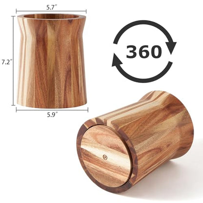 LOHONER Wooden Utensil Holder for Countertop, 360° Rotating Kitchen Utensil Holder, 7.2"x 6" Large Acacia Cooking Utensil Holder for Kitchen Counter, Farmhouse Kitchen Decor - CookCave