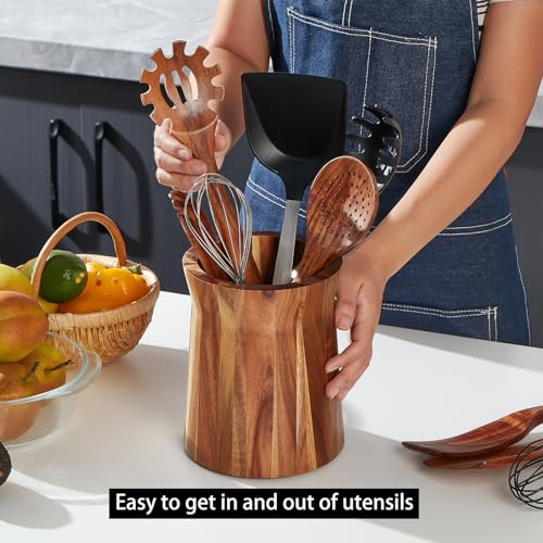 LOHONER Wooden Utensil Holder for Countertop, 360° Rotating Kitchen Utensil Holder, 7.2"x 6" Large Acacia Cooking Utensil Holder for Kitchen Counter, Farmhouse Kitchen Decor - CookCave