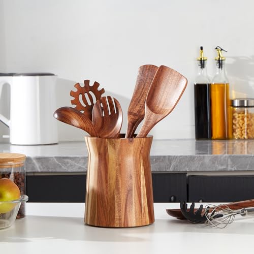 LOHONER Wooden Utensil Holder for Countertop, 360° Rotating Kitchen Utensil Holder, 7.2"x 6" Large Acacia Cooking Utensil Holder for Kitchen Counter, Farmhouse Kitchen Decor - CookCave
