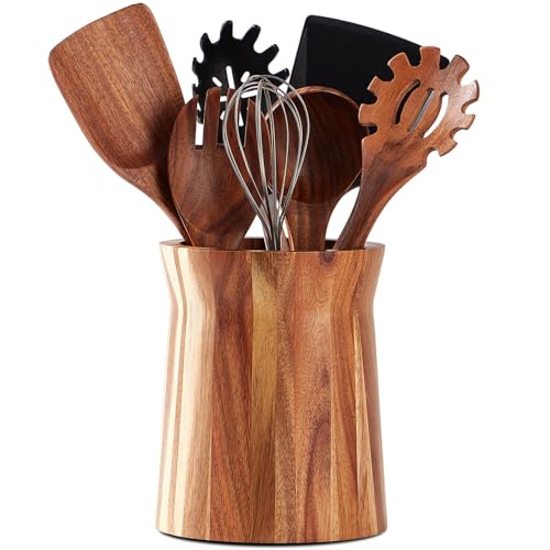 LOHONER Wooden Utensil Holder for Countertop, 360° Rotating Kitchen Utensil Holder, 7.2"x 6" Large Acacia Cooking Utensil Holder for Kitchen Counter, Farmhouse Kitchen Decor - CookCave