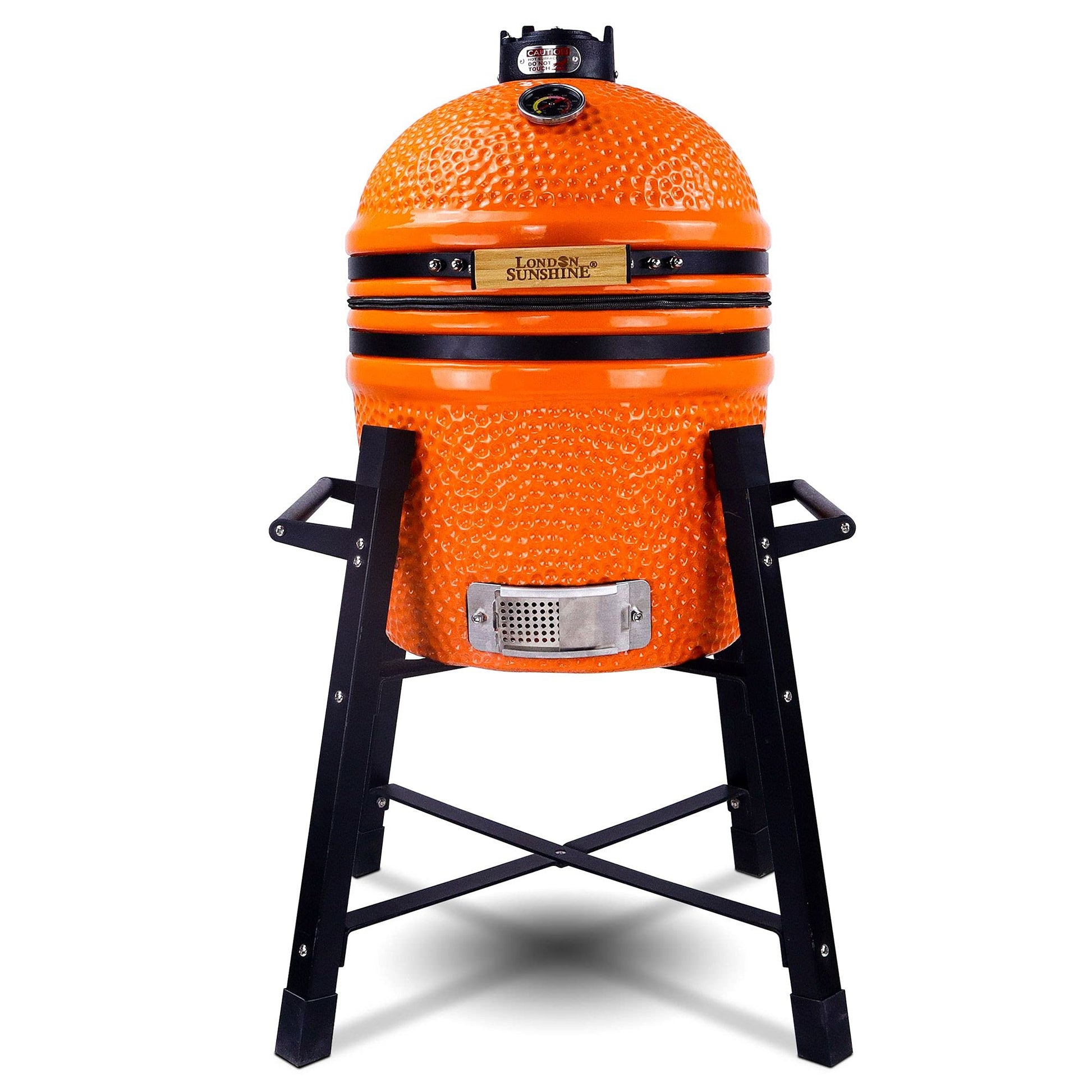 London Sunshine Ceramic Kamado Charcoal BBQ Grill and Smoker, Stainless Steel Grates -15" Ceramic with Tall Stand (ORANGE) - CookCave