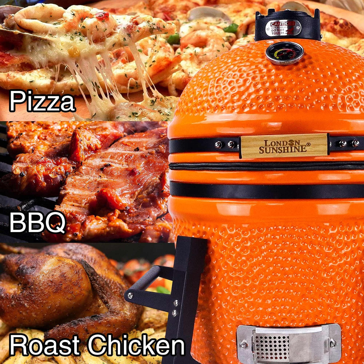 London Sunshine Ceramic Kamado Charcoal BBQ Grill and Smoker, Stainless Steel Grates -15" Ceramic with Tall Stand (ORANGE) - CookCave