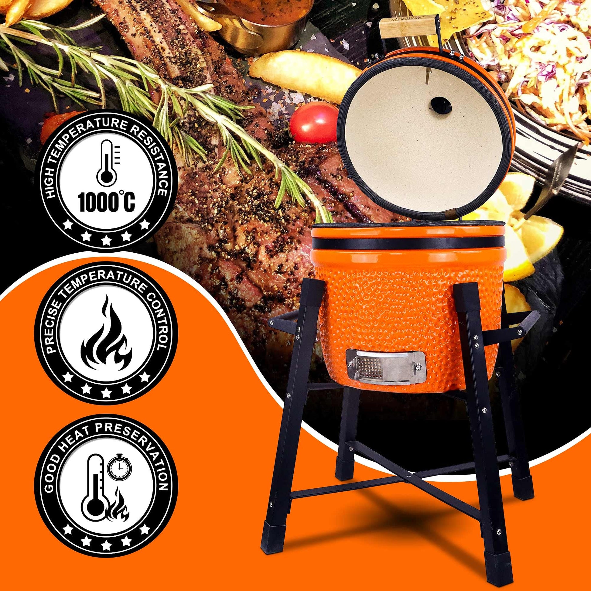 London Sunshine Ceramic Kamado Charcoal BBQ Grill and Smoker, Stainless Steel Grates -15" Ceramic with Tall Stand (ORANGE) - CookCave